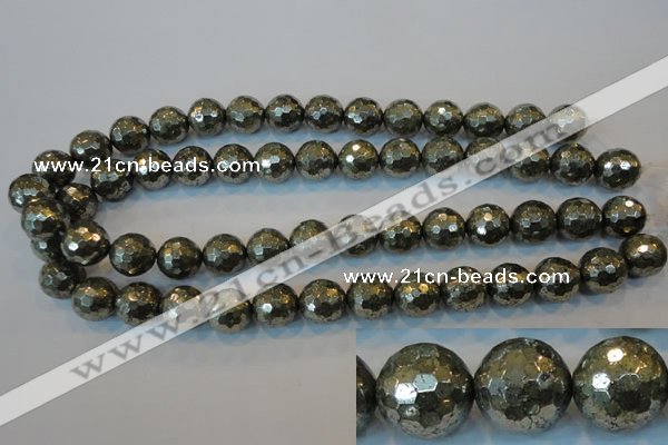 CPY110 15.5 inches 14mm faceted round pyrite gemstone beads wholesale