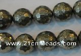 CPY111 15.5 inches 16mm faceted round pyrite gemstone beads wholesale