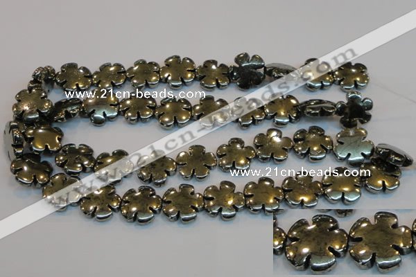 CPY165 15.5 inches 20mm carved flower pyrite gemstone beads wholesale