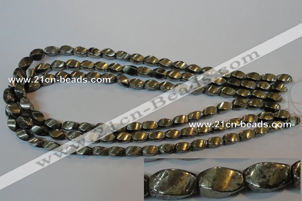 CPY345 15.5 inches 6*10mm twisted rice pyrite gemstone beads wholesale