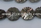 CPY660 15.5 inches 15mm carved flower pyrite gemstone beads