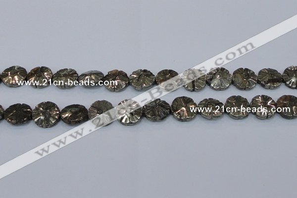 CPY660 15.5 inches 15mm carved flower pyrite gemstone beads