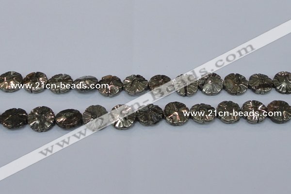 CPY661 15.5 inches 16mm carved flower pyrite gemstone beads