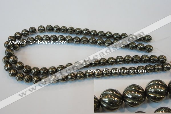 CPY75 15.5 inches 10mm carved round pyrite gemstone beads wholesale