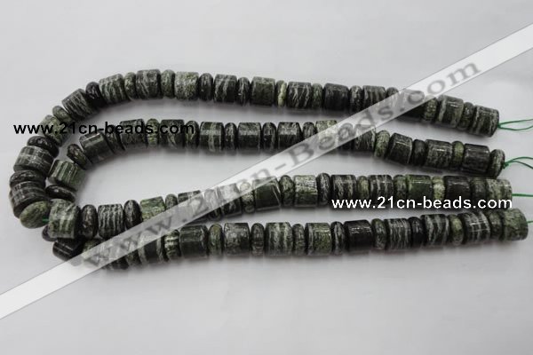 CRB136 15.5 inches 6*12mm & 10*12mm rondelle green silver line jasper beads