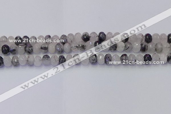 CRB1817 15.5 inches 5*8mm faceted rondelle black rutilated quartz beads