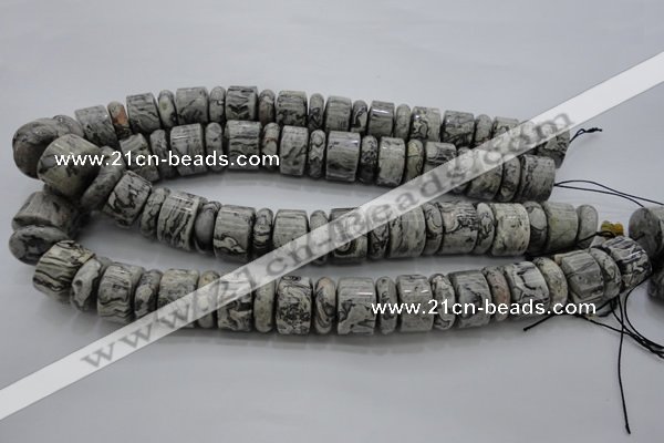 CRB196 15.5 inches 6*18mm – 13*18mm rondelle grey picture jasper beads