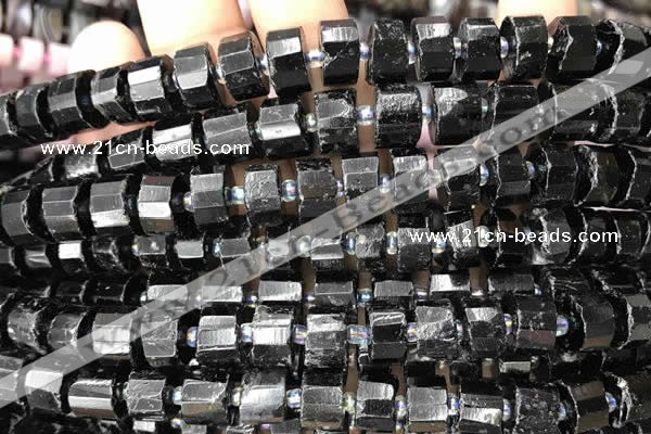 CRB2102 15.5 inches 11mm - 12mm faceted tyre black tourmaline beads