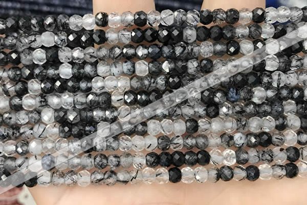 CRB2266 15.5 inches 3*4mm faceted rondelle black rutilated quartz beads