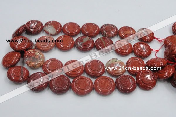 CRE20 16 inches 25mm carved coin natural red jasper beads wholesale