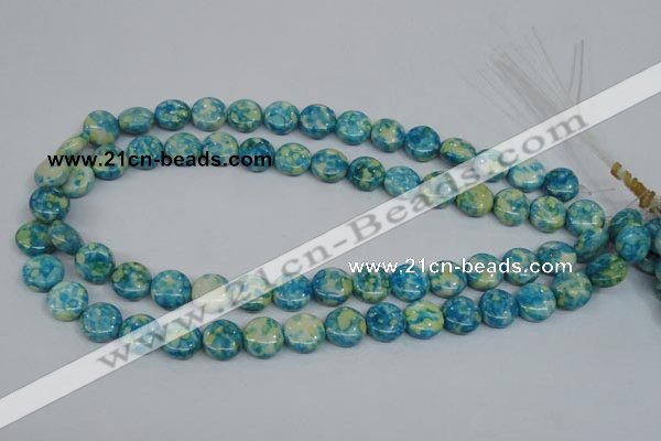 CRF117 15.5 inches 12mm flat round dyed rain flower stone beads