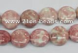 CRF257 15.5 inches 14mm flat round dyed rain flower stone beads