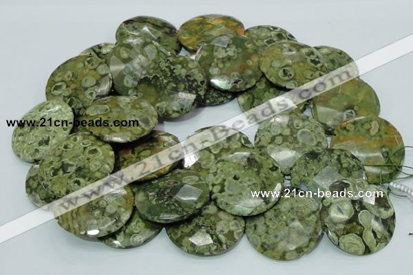 CRH109 15.5 inches 30mm faceted flat round rhyolite beads wholesale