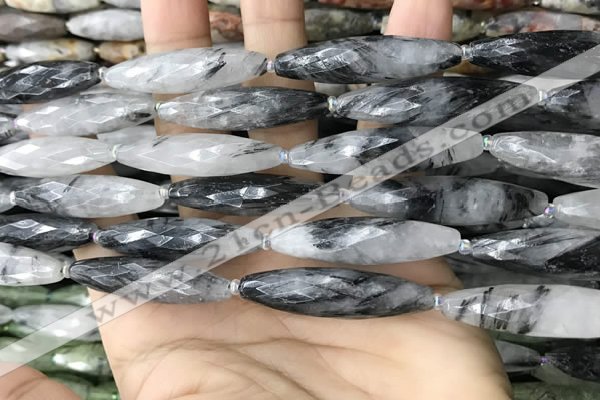 CRI155 15.5 inches 10*38mm faceted rice black rutilated quartz beads