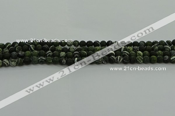 CRO1120 15.5 inches 4mm round matte green silver line jasper beads