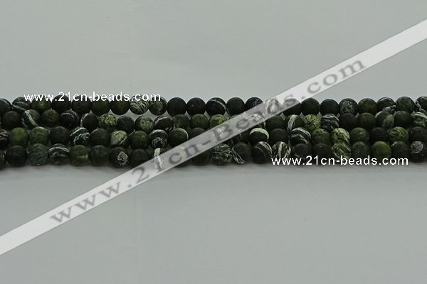 CRO1121 15.5 inches 6mm round matte green silver line jasper beads