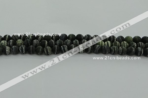 CRO1122 15.5 inches 8mm round matte green silver line jasper beads