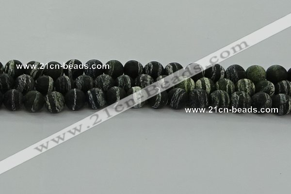 CRO1124 15.5 inches 12mm round matte green silver line jasper beads