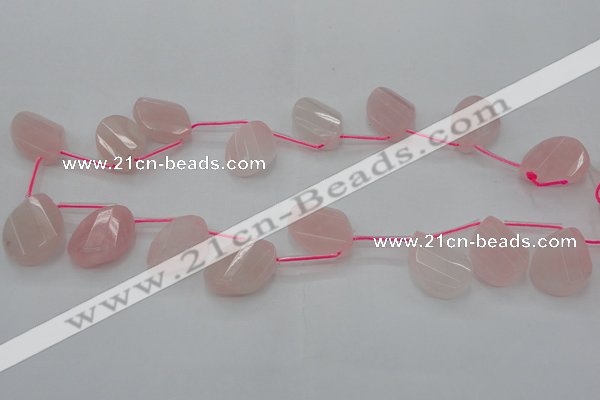 CRQ735 18*25mm faceted & twisted flat teardrop rose quartz beads