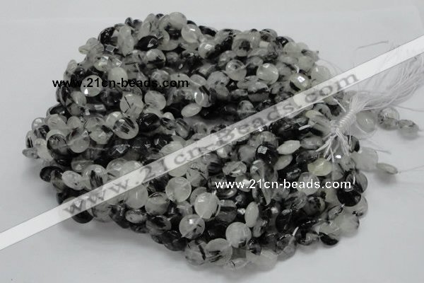 CRU03 15.5 inches 12mm faceted flat round black rutilated quartz beads