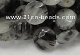 CRU04 15.5 inches 15mm faceted flat round black rutilated quartz beads