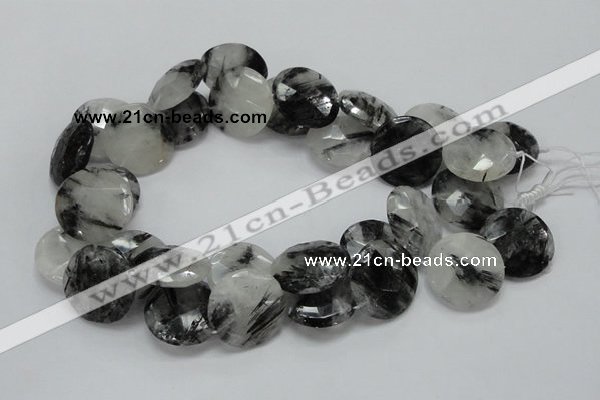 CRU05 15.5 inches 25mm faceted flat round black rutilated quartz beads