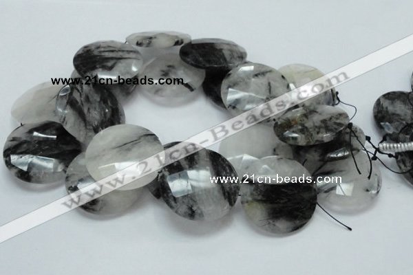 CRU07 15.5 inches 40mm faceted flat round black rutilated quartz beads