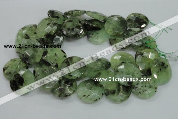 CRU117 15.5 inches 30mm faceted coin green rutilated quartz beads