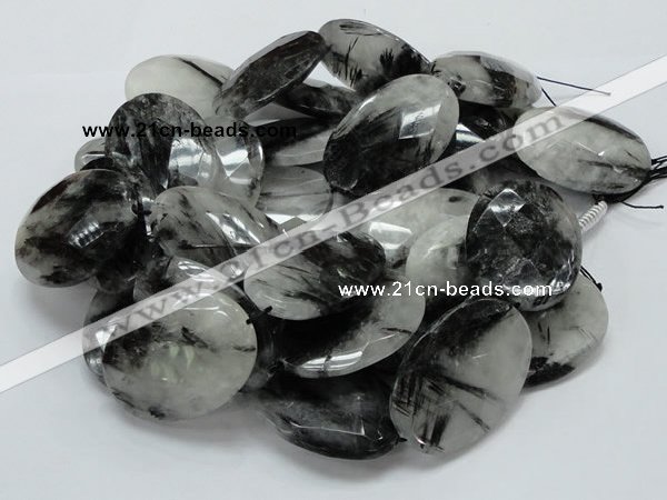 CRU21 15.5 inches 35*50mm faceted oval black rutilated quartz beads