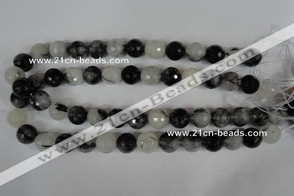 CRU316 15.5 inches 14mm faceted round black rutilated quartz beads