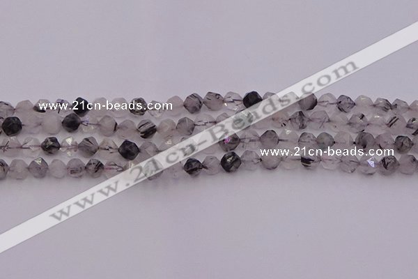 CRU511 15.5 inches 6mm faceted nuggets black rutilated quartz beads