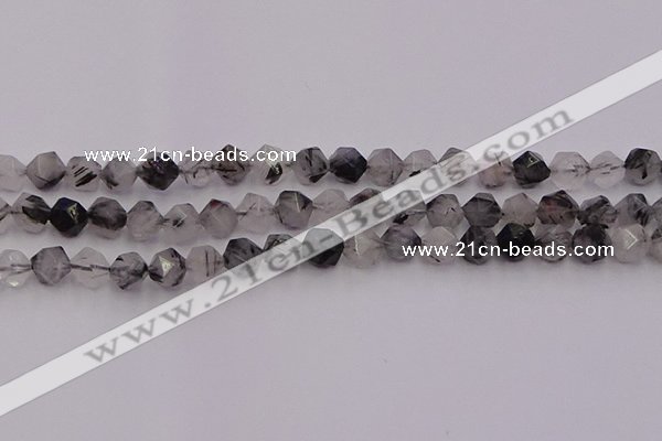 CRU512 15.5 inches 8mm faceted nuggets black rutilated quartz beads