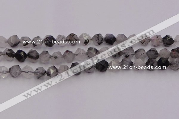 CRU514 15.5 inches 12mm faceted nuggets black rutilated quartz beads