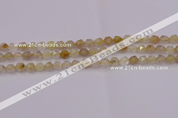 CRU621 15.5 inches 6mm faceted nuggets golden rutilated quartz beads