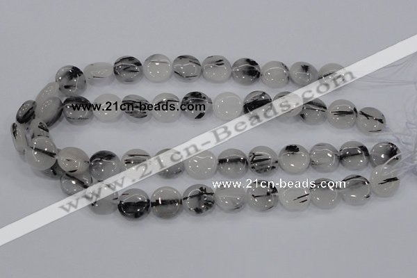 CRU80 15.5 inches 14mm flat round black rutilated quartz beads