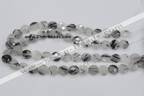 CRU93 15.5 inches 14mm faceted coin black rutilated quartz beads