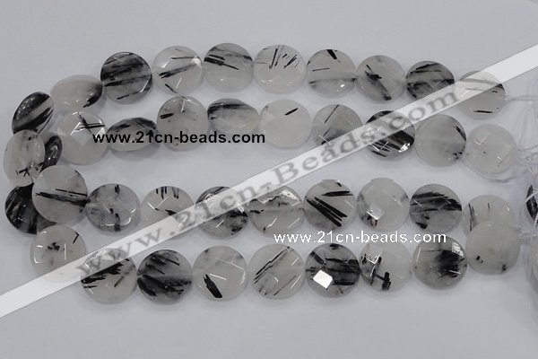 CRU94 15.5 inches 20mm faceted coin black rutilated quartz beads