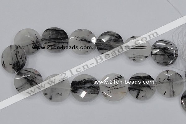 CRU95 15.5 inches 30mm faceted coin black rutilated quartz beads