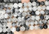 CRU958 15.5 inches 8mm faceted round black rutilated quartz beads