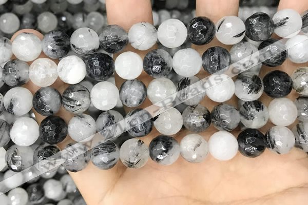 CRU968 15.5 inches 10mm faceted round black rutilated quartz beads