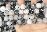 CRU969 15.5 inches 12mm faceted round black rutilated quartz beads