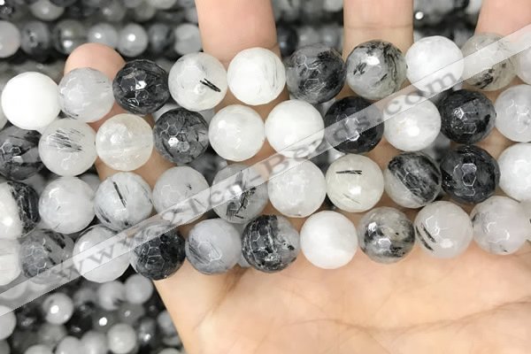 CRU969 15.5 inches 12mm faceted round black rutilated quartz beads