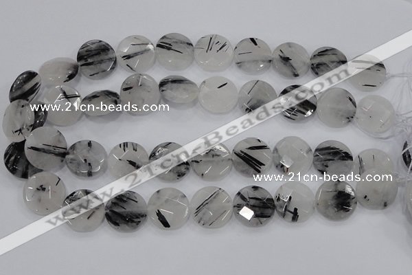 CRU98 15.5 inches 22mm faceted coin black rutilated quartz beads