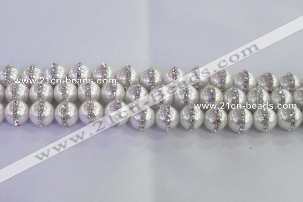 CSB1501 15.5 inches 8mm round shell pearl with rhinestone beads