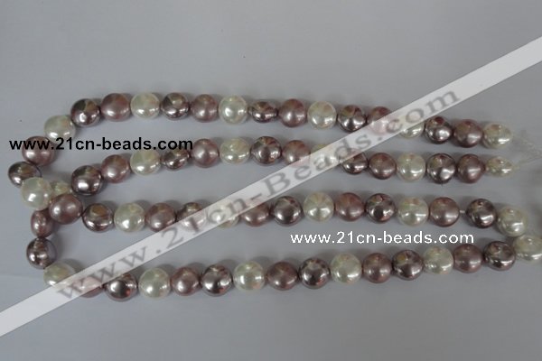 CSB184 15.5 inches 12mm flat round mixed color shell pearl beads