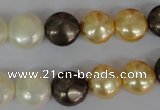 CSB185 15.5 inches 12mm flat round mixed color shell pearl beads