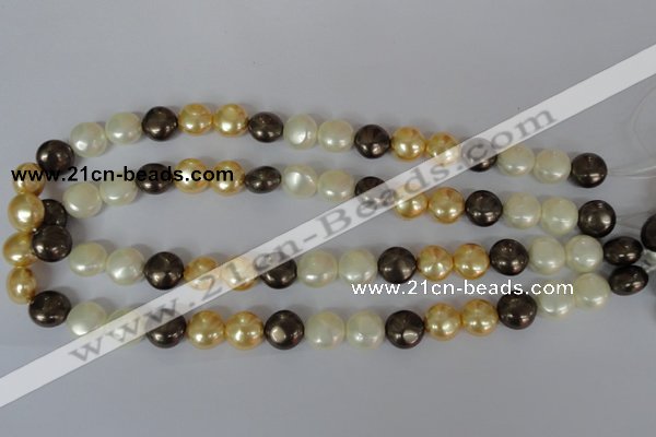 CSB185 15.5 inches 12mm flat round mixed color shell pearl beads