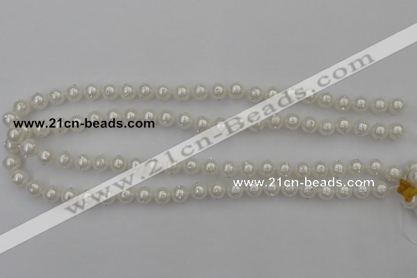 CSB426 15.5 inches 10mm round shell pearl with rhinestone beads