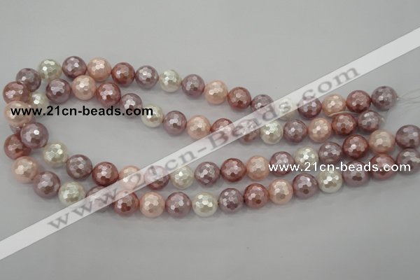 CSB492 15.5 inches 12mm faceted round mixed color shell pearl beads