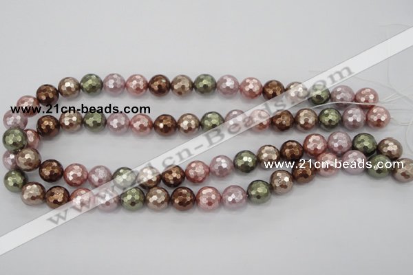 CSB502 15.5 inches 12mm faceted round mixed color shell pearl beads